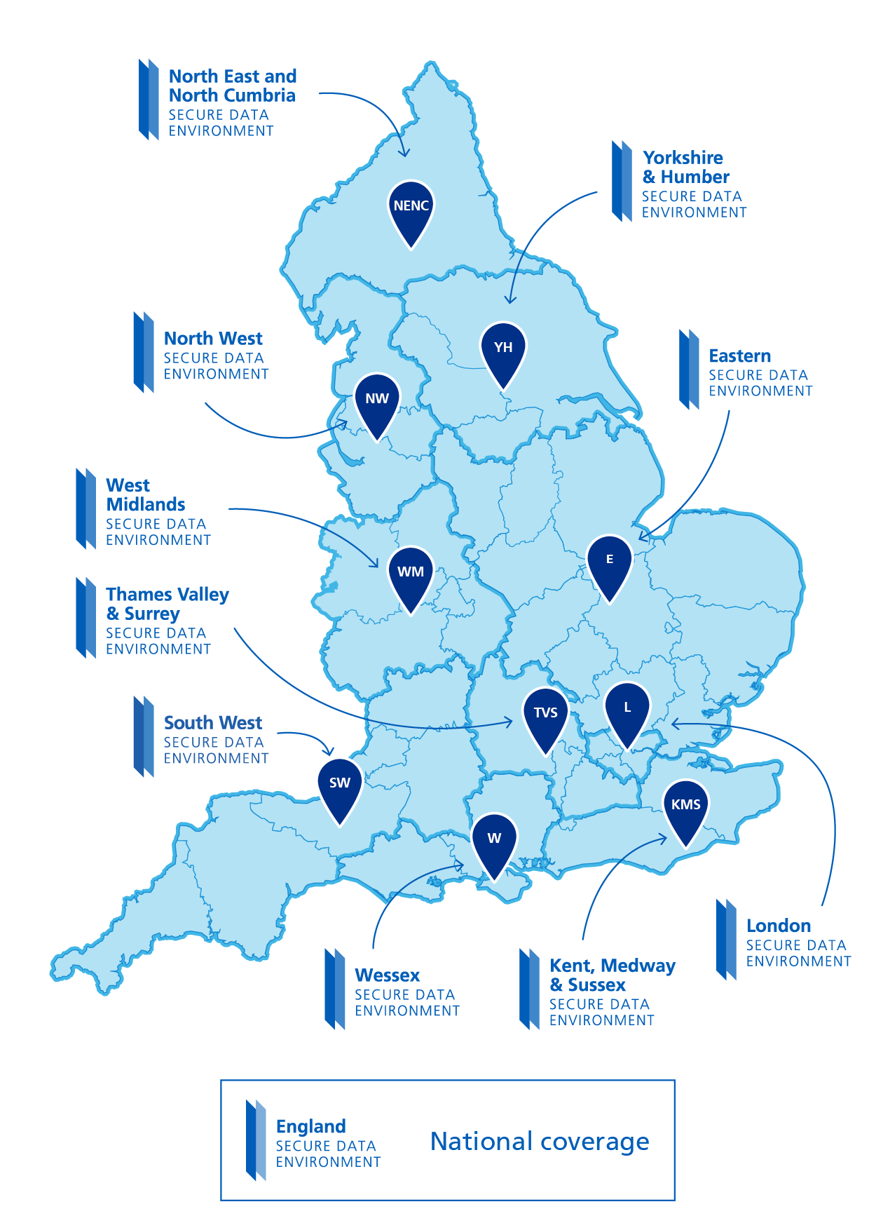 A graphic of the map of the UK showing pins where each of the NHS Secure Data Environments are located.