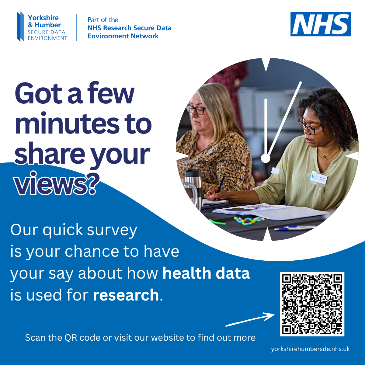 Got a few minutes to share your views? Our quick survey is your chance to have your say about how health data is used for research. Scan the QR code or visit our website to find out more.
